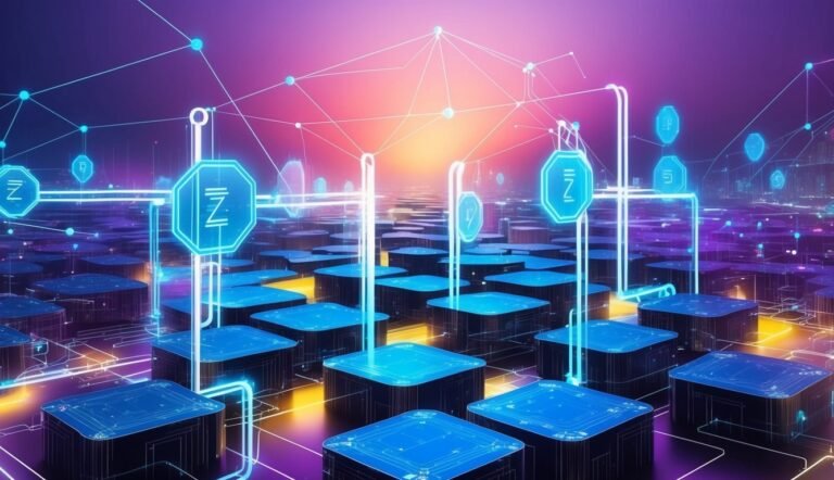 Abstract digital landscape with glowing blue blocks and network connections