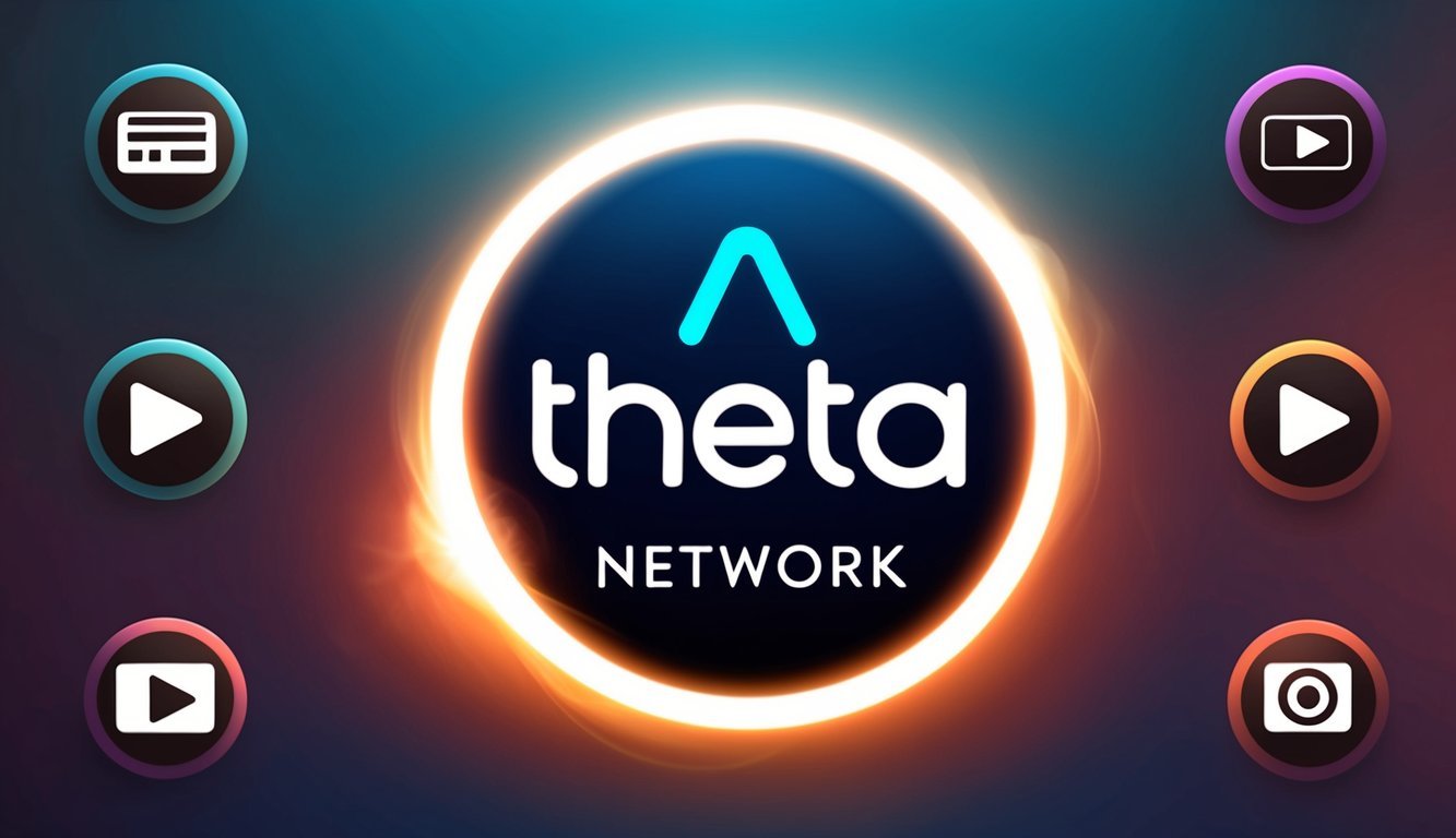 A glowing Theta Network logo surrounded by streaming video content icons