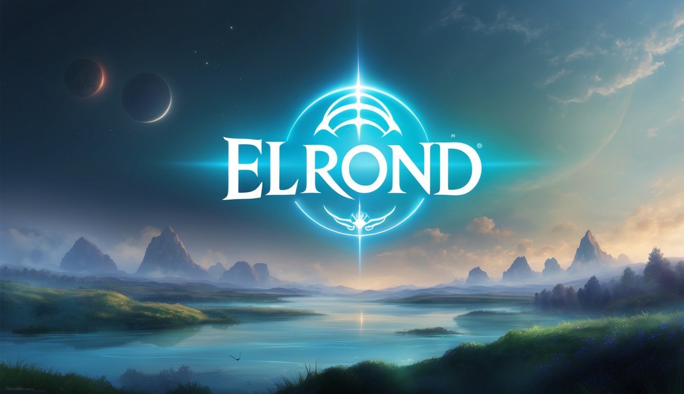 A glowing Elrond (EGLD) logo hovers above a serene, futuristic landscape