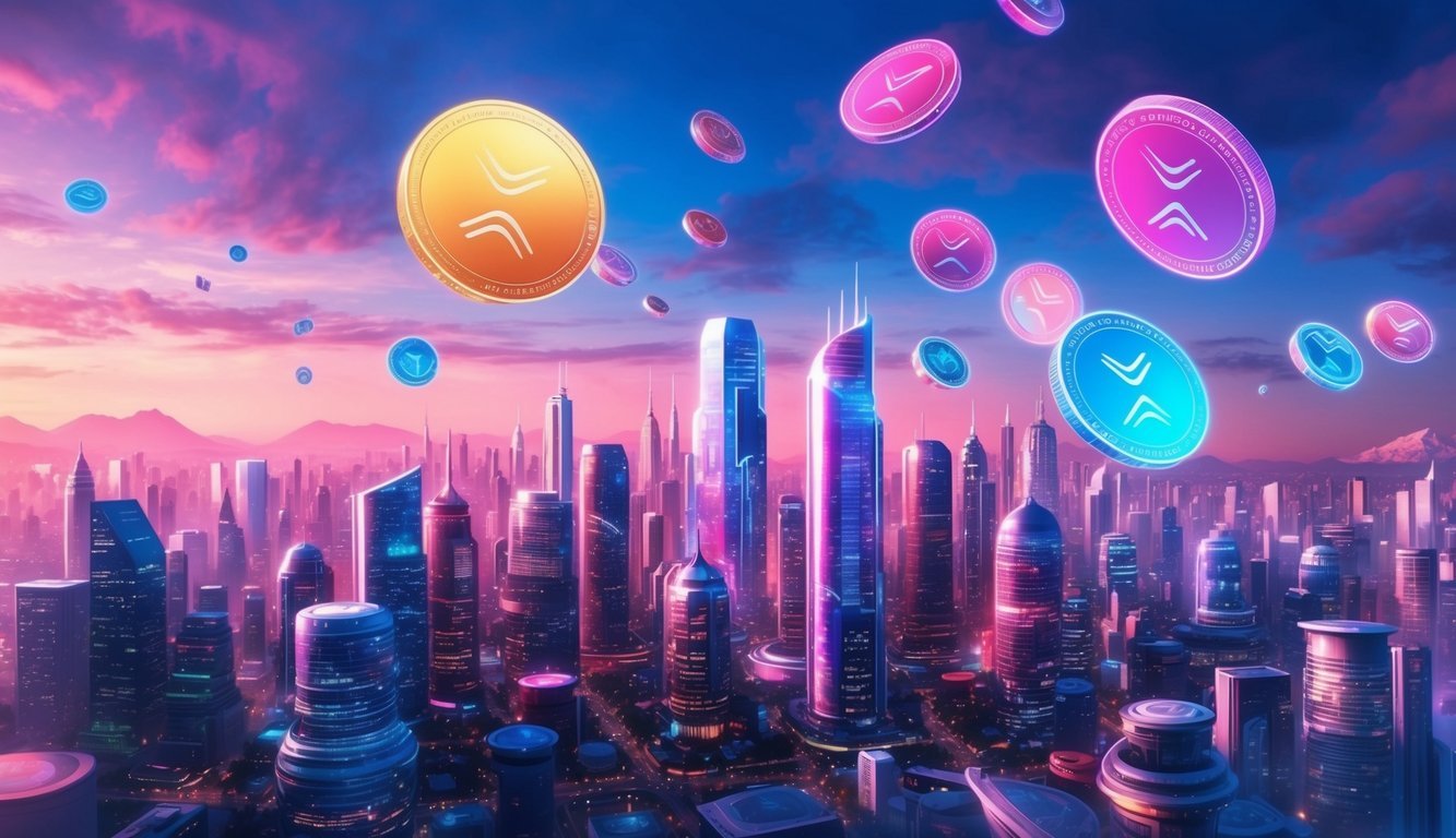 A vibrant, futuristic cityscape with floating holographic Tezos tokens and collectibles filling the skyline