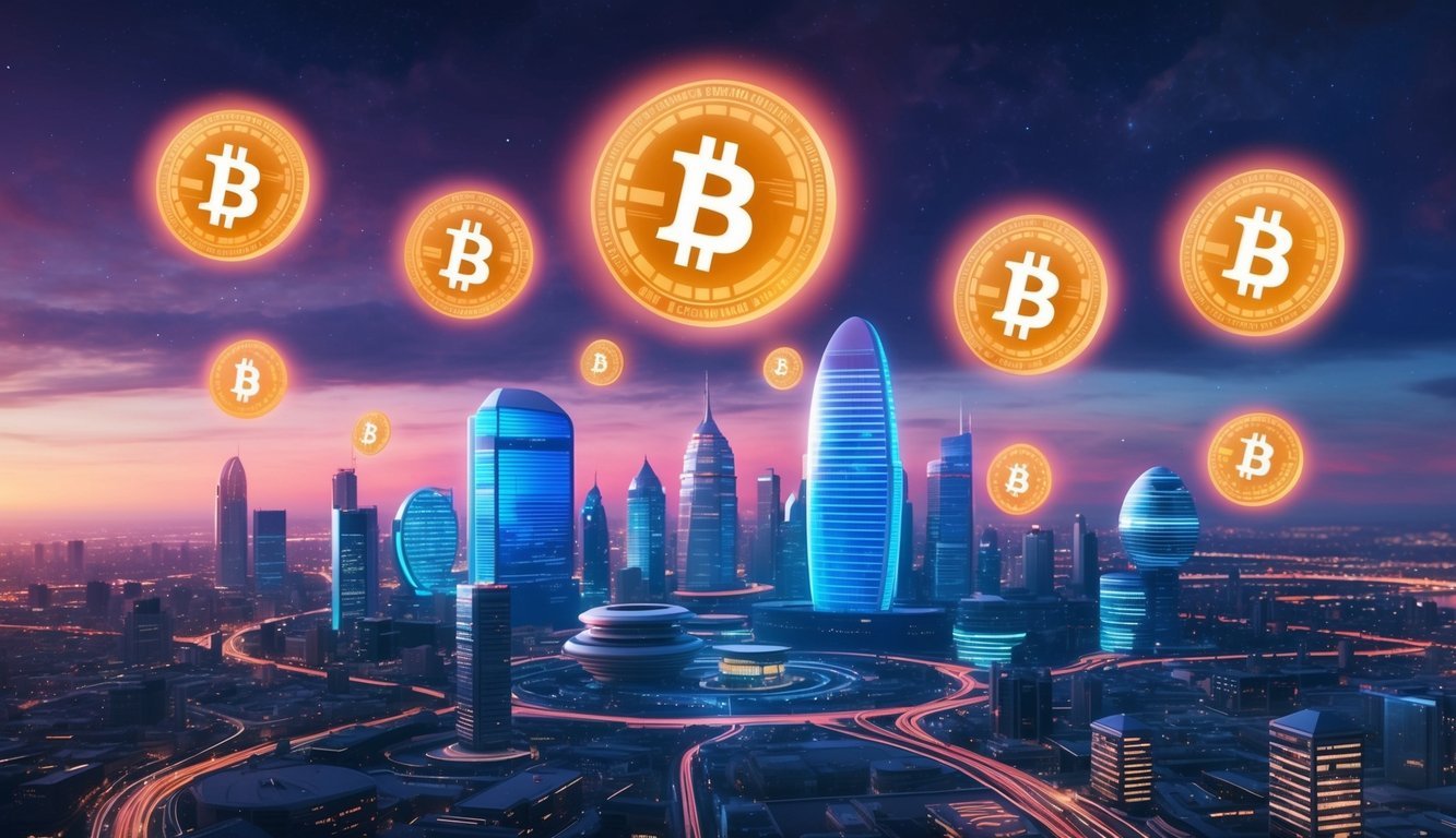 A futuristic cityscape with digital currency symbols floating above buildings