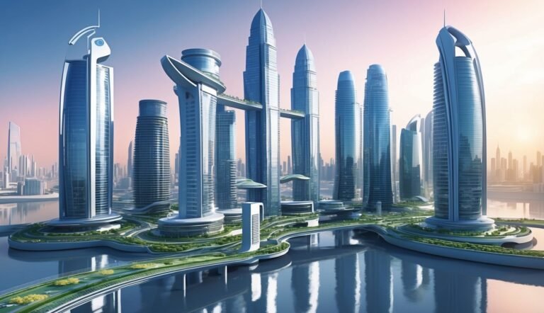 Futuristic city skyline with tall, modern buildings and water reflections