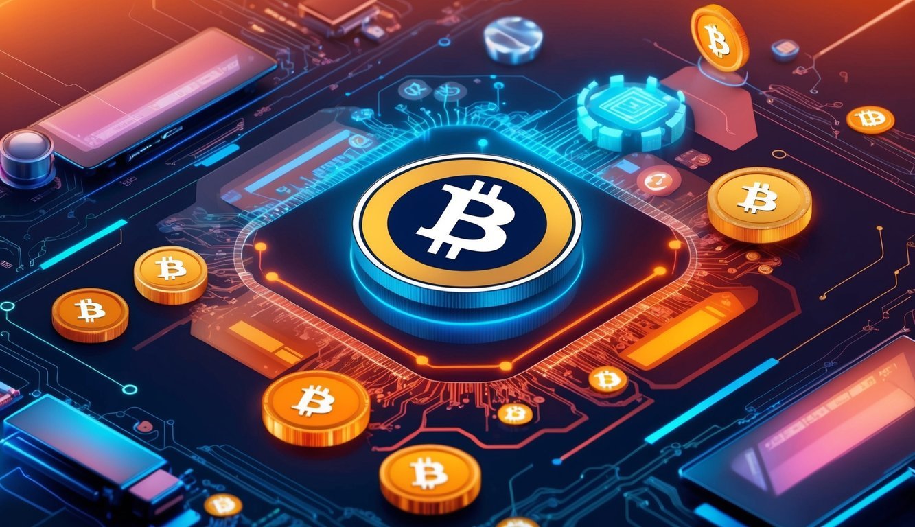 A digital landscape with a Bitcoin Cash logo surrounded by technological elements and currency symbols