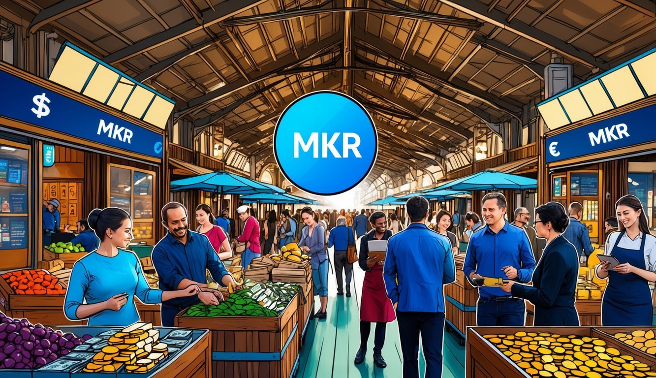 A bustling marketplace with people exchanging goods and currency, including the digital currency Maker (MKR)