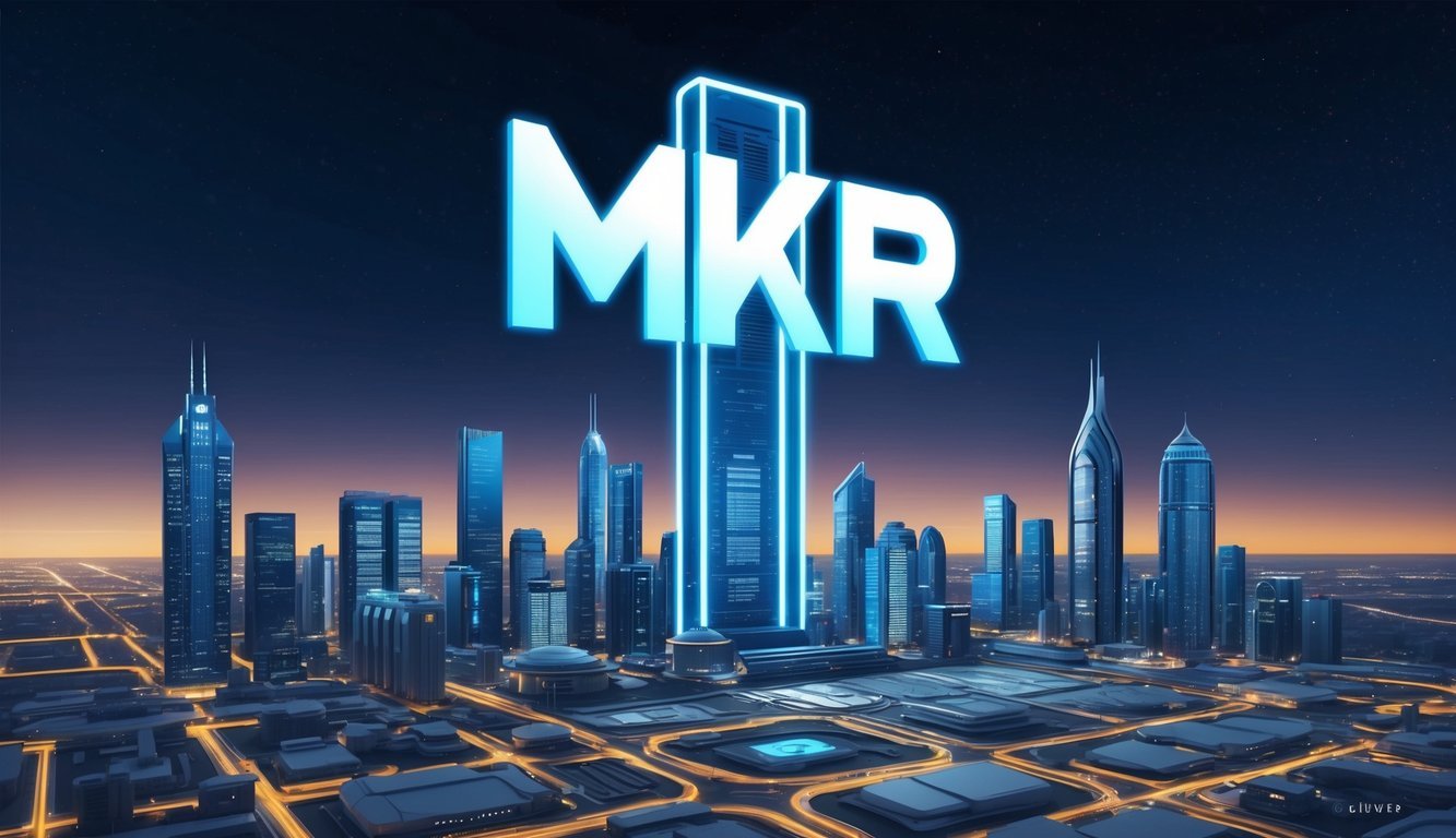 A futuristic city skyline with a prominent Maker (MKR) logo towering over the buildings.</p><p>The logo is illuminated and stands out against the night sky