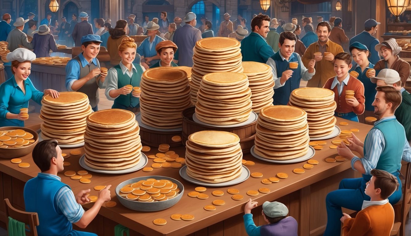 A bustling marketplace with stacks of pancakes arranged on tables, surrounded by eager customers exchanging tokens