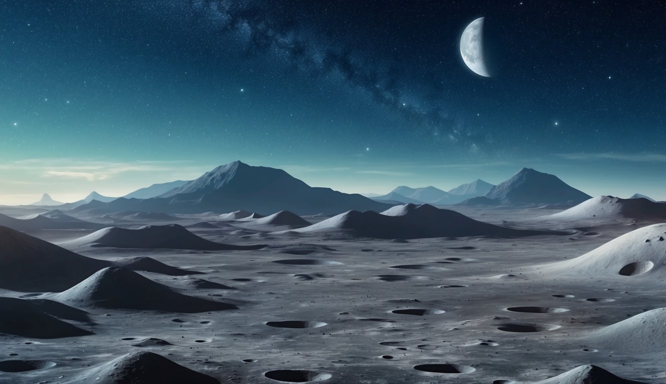 A serene lunar landscape with craters and mountains under a starry sky