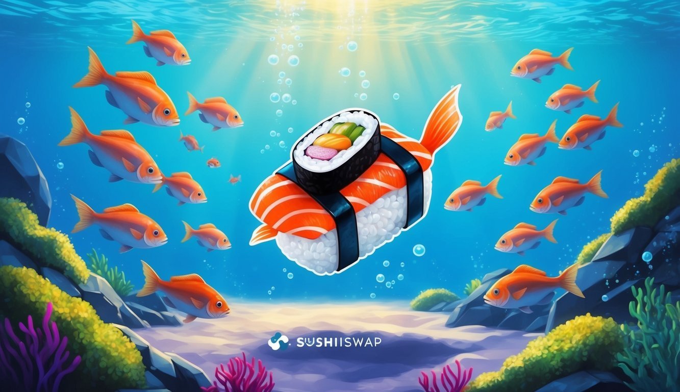 A vibrant underwater scene with a school of fish swimming around a sushi roll, symbolizing the decentralized exchange platform SushiSwap