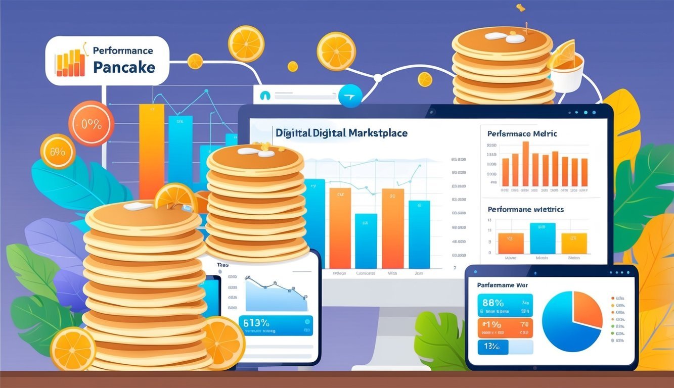 A bustling digital marketplace with a pancake theme, featuring charts and graphs displaying performance metrics