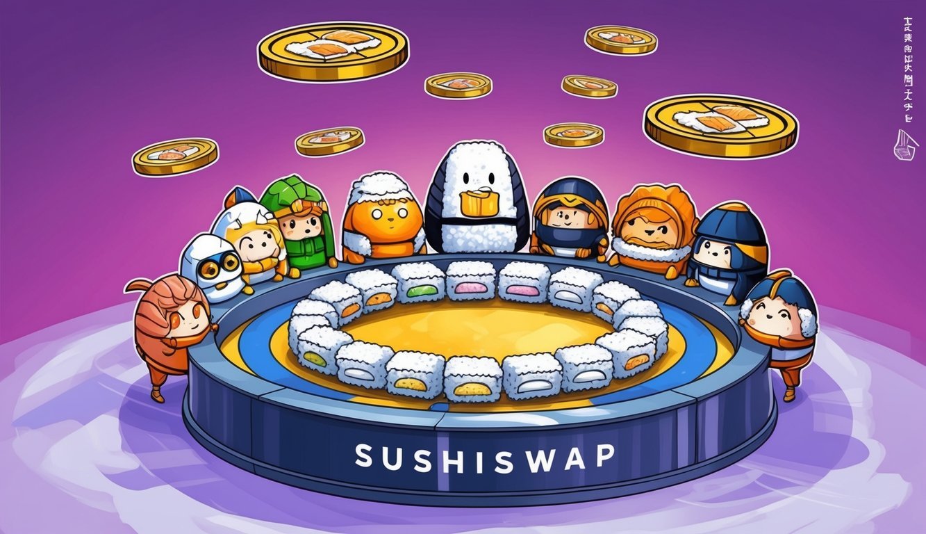 A group of sushi-themed characters gathered around a staking pool, with governance tokens floating above, depicting the SushiSwap ecosystem