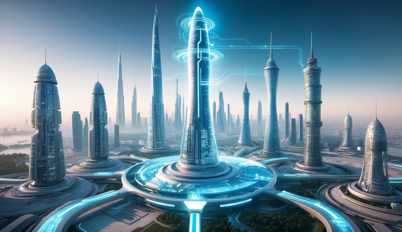 A futuristic cityscape with towering skyscrapers and advanced technological infrastructure, showcasing the integration of governance and technological advancements