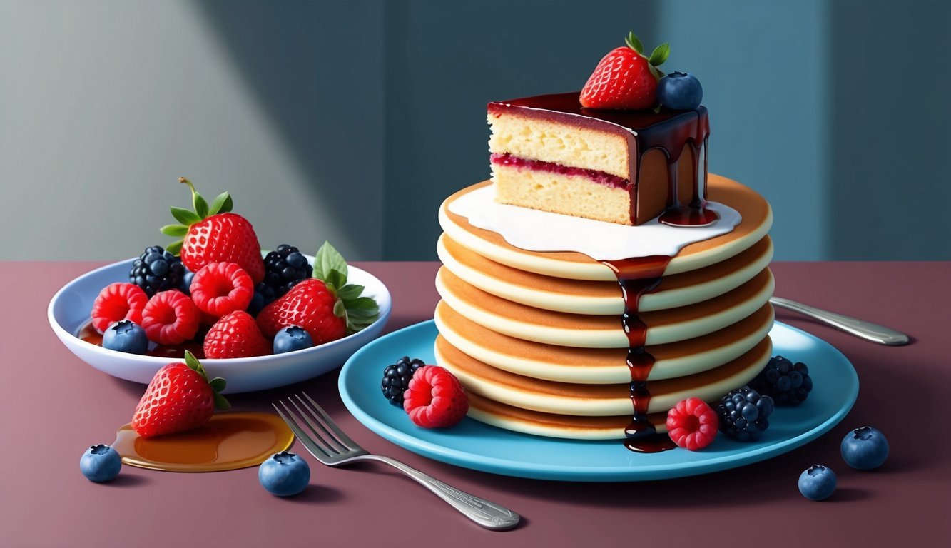 A stack of fluffy pancakes with a slice of cake on top, surrounded by syrup and fresh berries