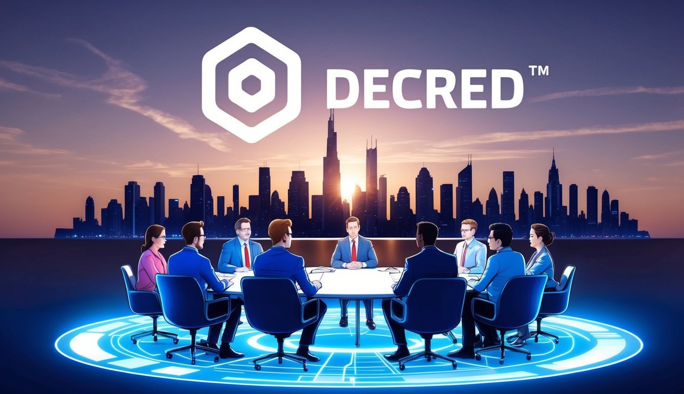 A futuristic city skyline with Decred logo projected in the sky.</p><p>A group of people engaged in a decentralized governance meeting