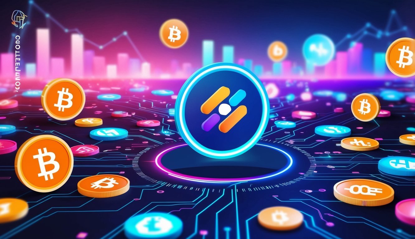 A vibrant digital landscape with a prominent Huobi Token logo at the center, surrounded by various cryptocurrency symbols and charts