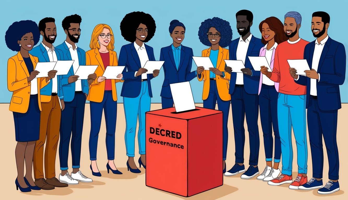 A group of diverse individuals standing around a ballot box, casting their votes for Decred governance