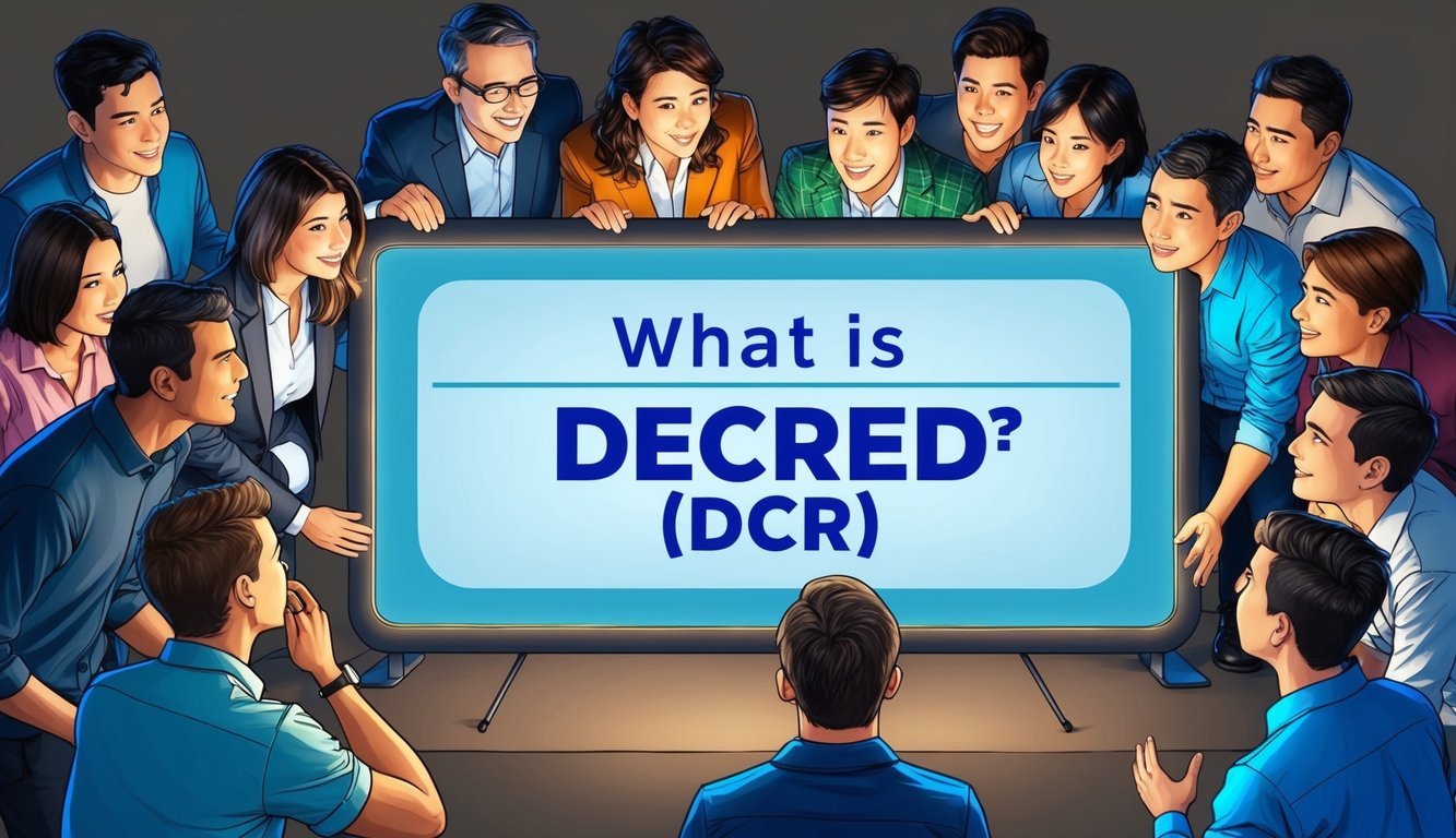 A group of people gathered around a large, illuminated sign displaying the question "What is Decred (DCR)?" with curious expressions on their faces