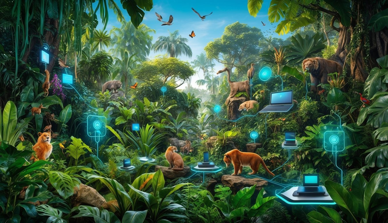 A vibrant jungle teeming with diverse plant and animal life, with interconnected technological devices integrated into the natural environment