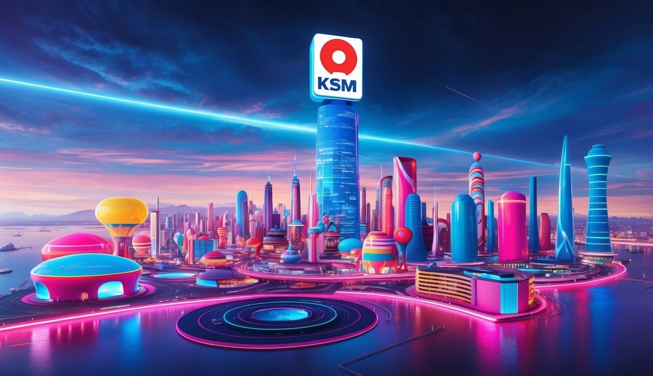 A vibrant, futuristic cityscape with a prominent Kusama (KSM) logo towering over the skyline