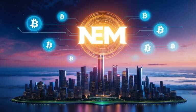 NEM logo over a city skyline with Bitcoin symbols