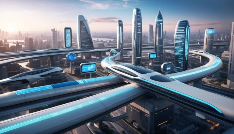 Futuristic city with elevated train tracks, sleek buildings, and digital displays