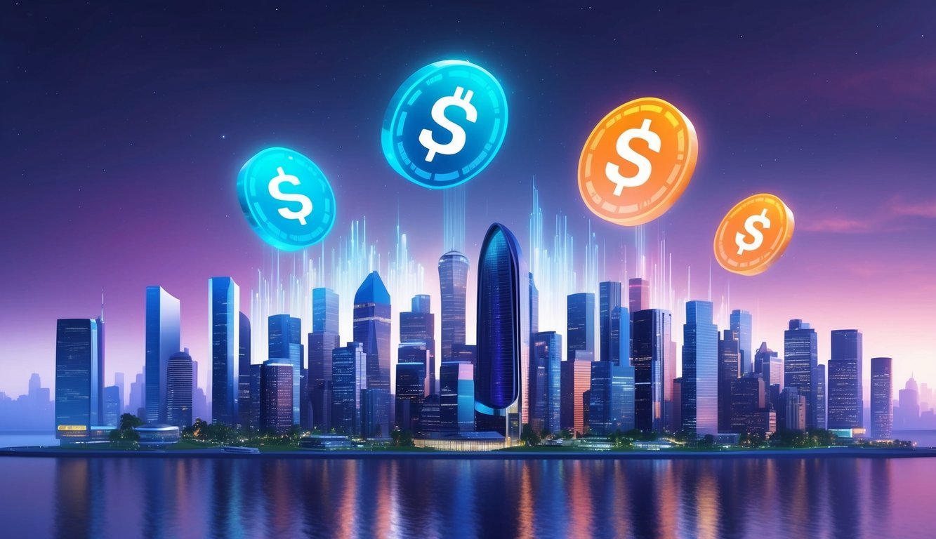 A futuristic city skyline with digital currency symbols floating above, representing the decentralized finance platform Synthetix (SNX)