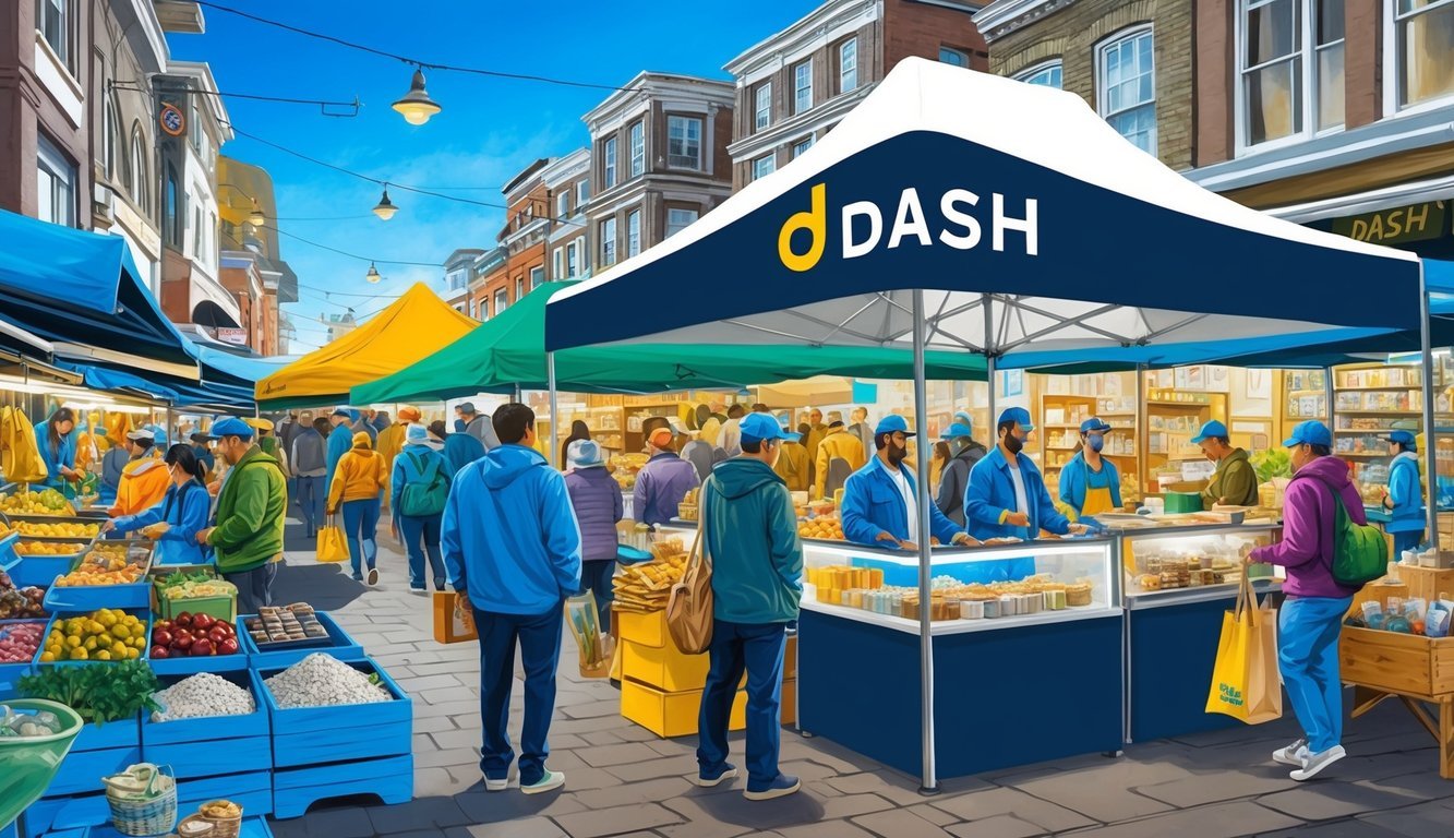 A bustling market with diverse vendors, showcasing a variety of goods.</p><p>A prominent stall displays the logo of Dash (DASH), drawing attention from passersby