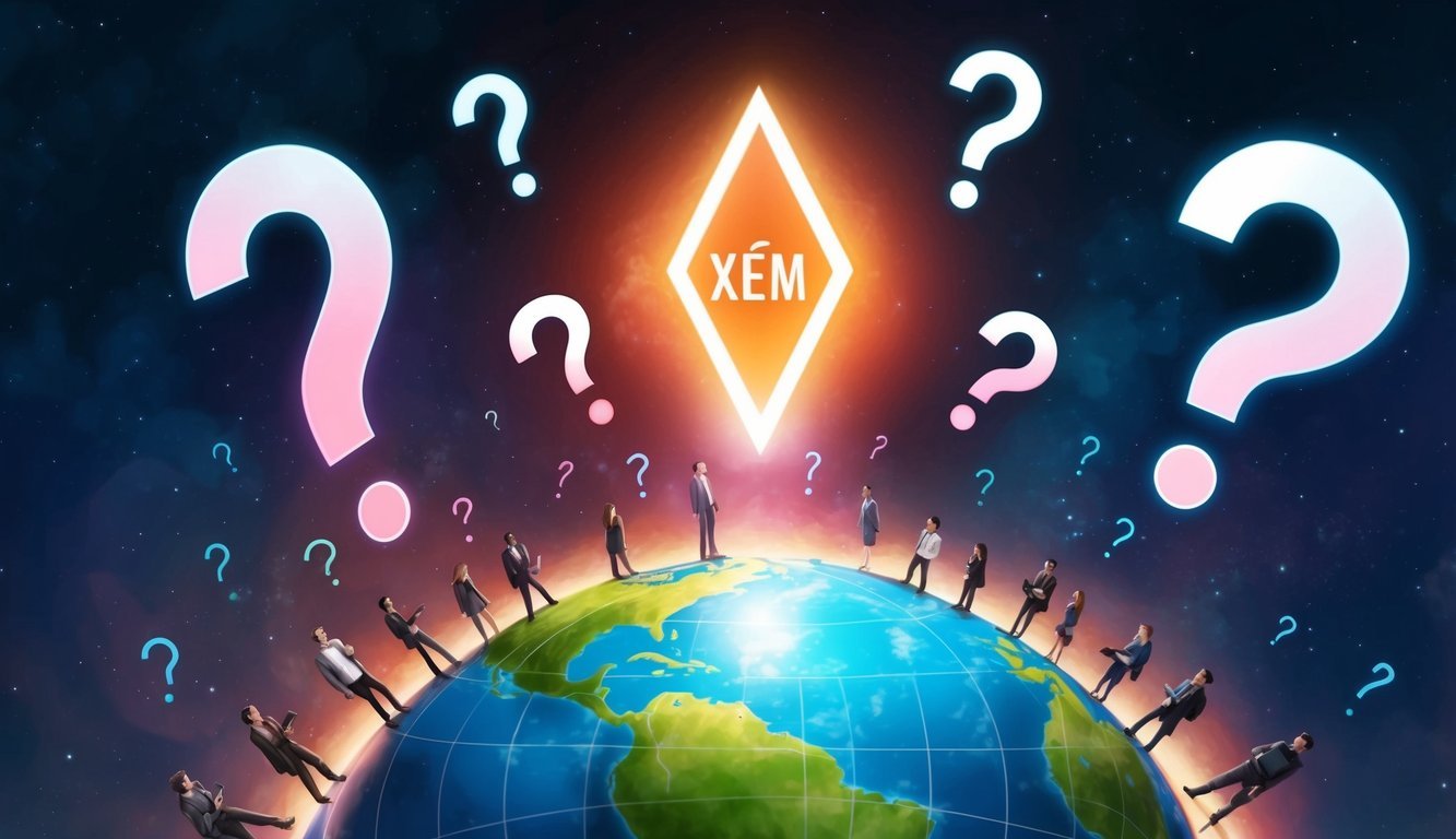 A glowing NEM (XEM) symbol hovering above a globe, surrounded by question marks and people seeking answers