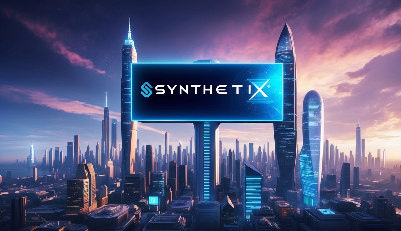 A futuristic city skyline with a prominent Synthetix logo displayed on a large digital billboard