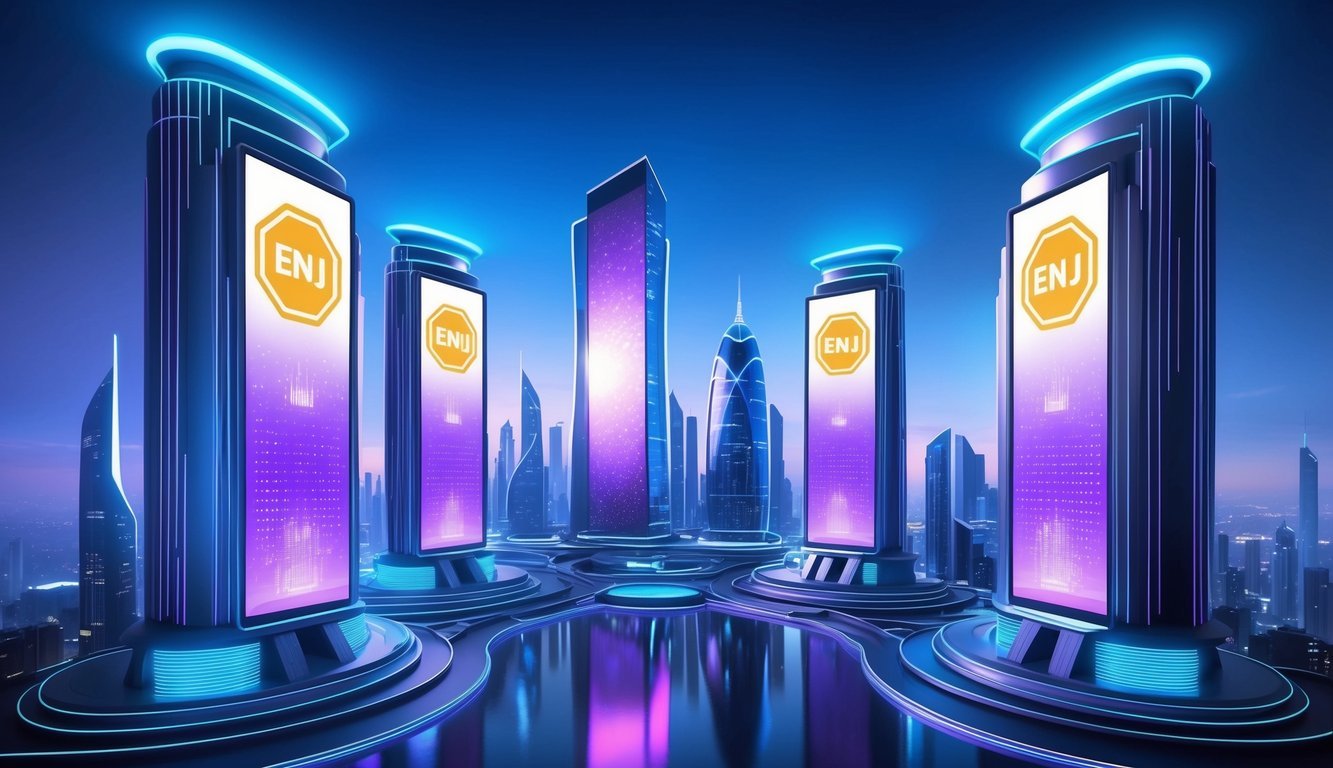 A futuristic city skyline with Enjin Coin (ENJ) logo displayed on towering digital billboards.</p><p>Bright lights and sleek, modern architecture convey a sense of advanced technology and innovation