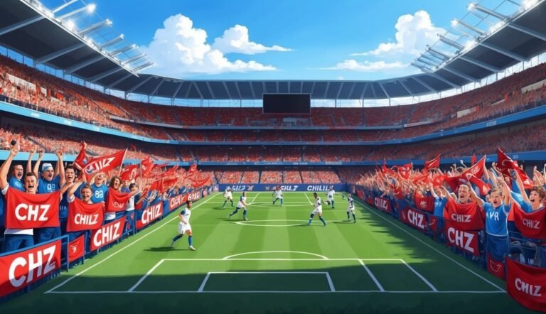 Soccer game in a stadium with cheering fans and players on field