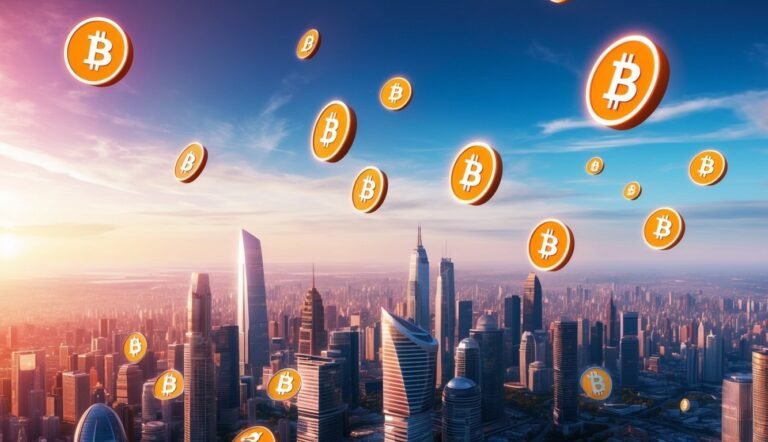 Bitcoin symbols floating over a cityscape under a blue and pink sky