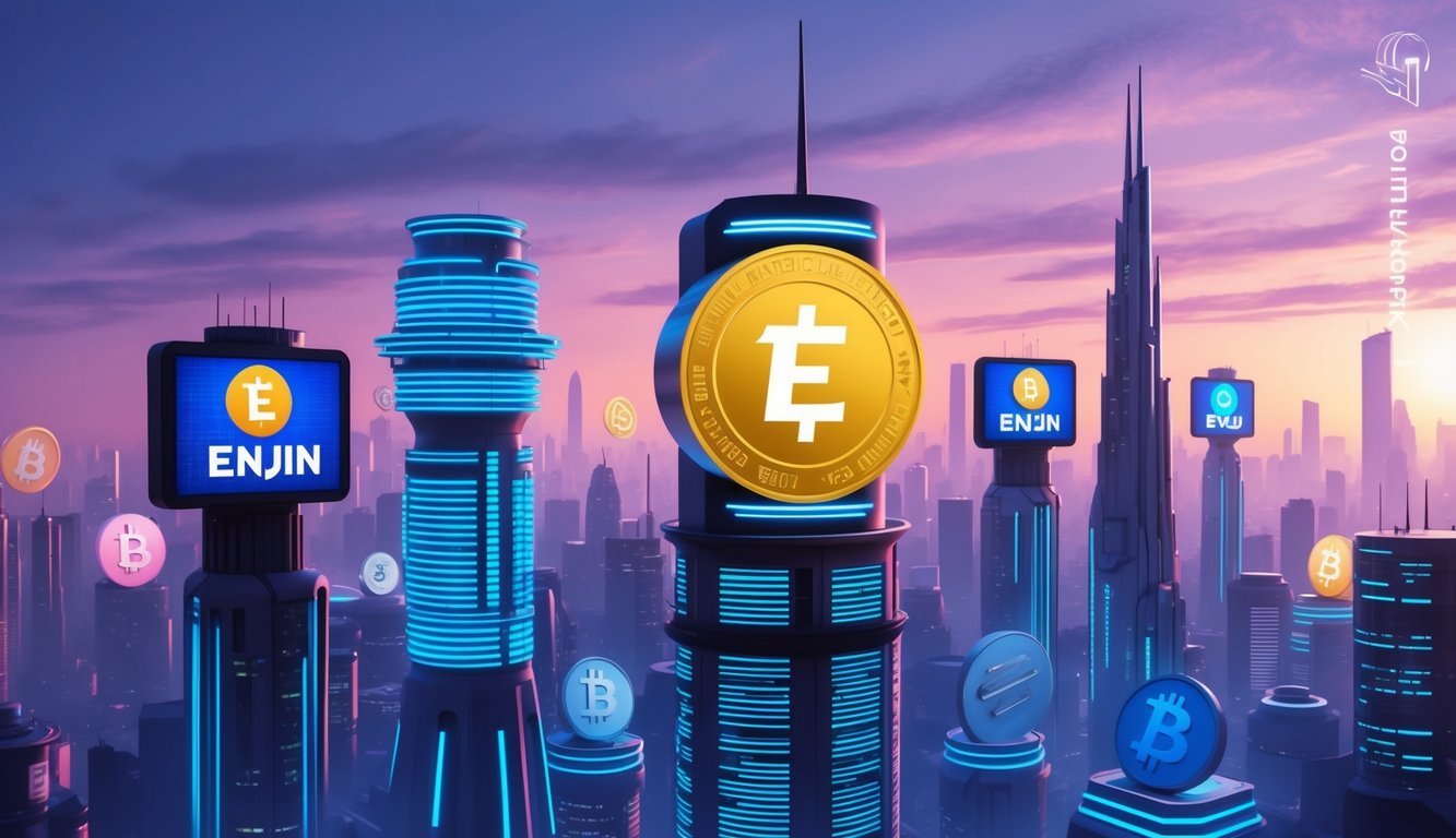 A futuristic cityscape with Enjin Coin logo prominently displayed on digital billboards amidst other crypto symbols