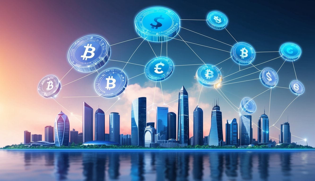 A futuristic city skyline with digital currency symbols floating above, while a blockchain network connects various industries