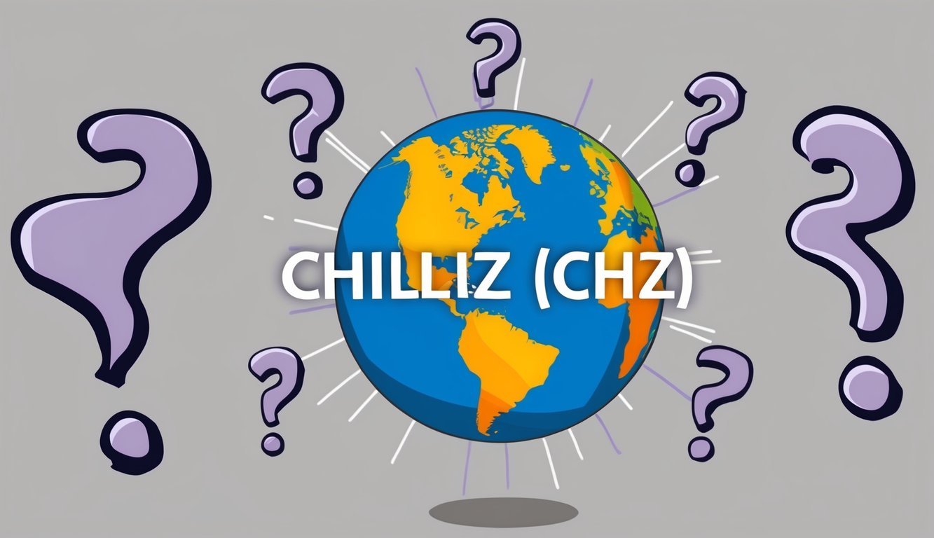 A colorful globe surrounded by question marks, with the word "Chiliz (CHZ)" prominently displayed in the center