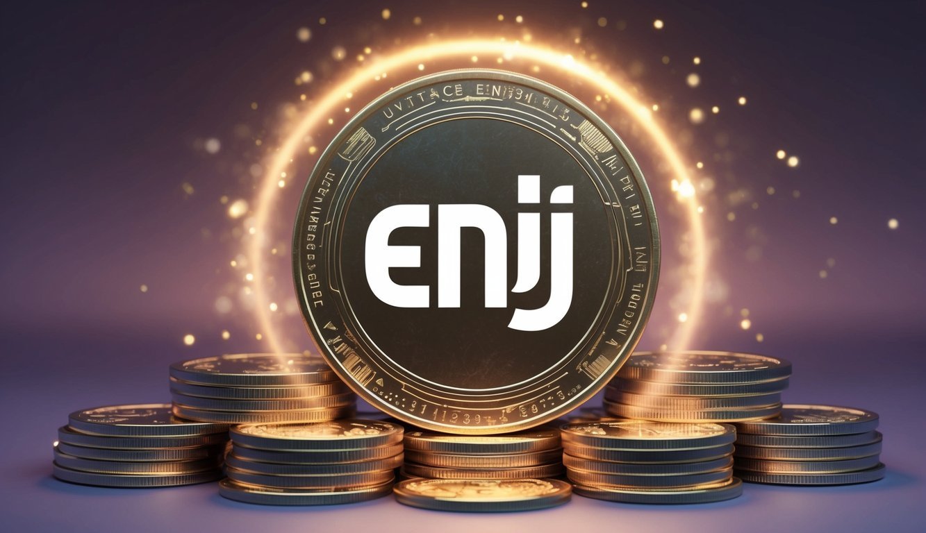 A stack of Enjin Coins surrounded by a glowing aura, with a prominent ENJ logo in the center