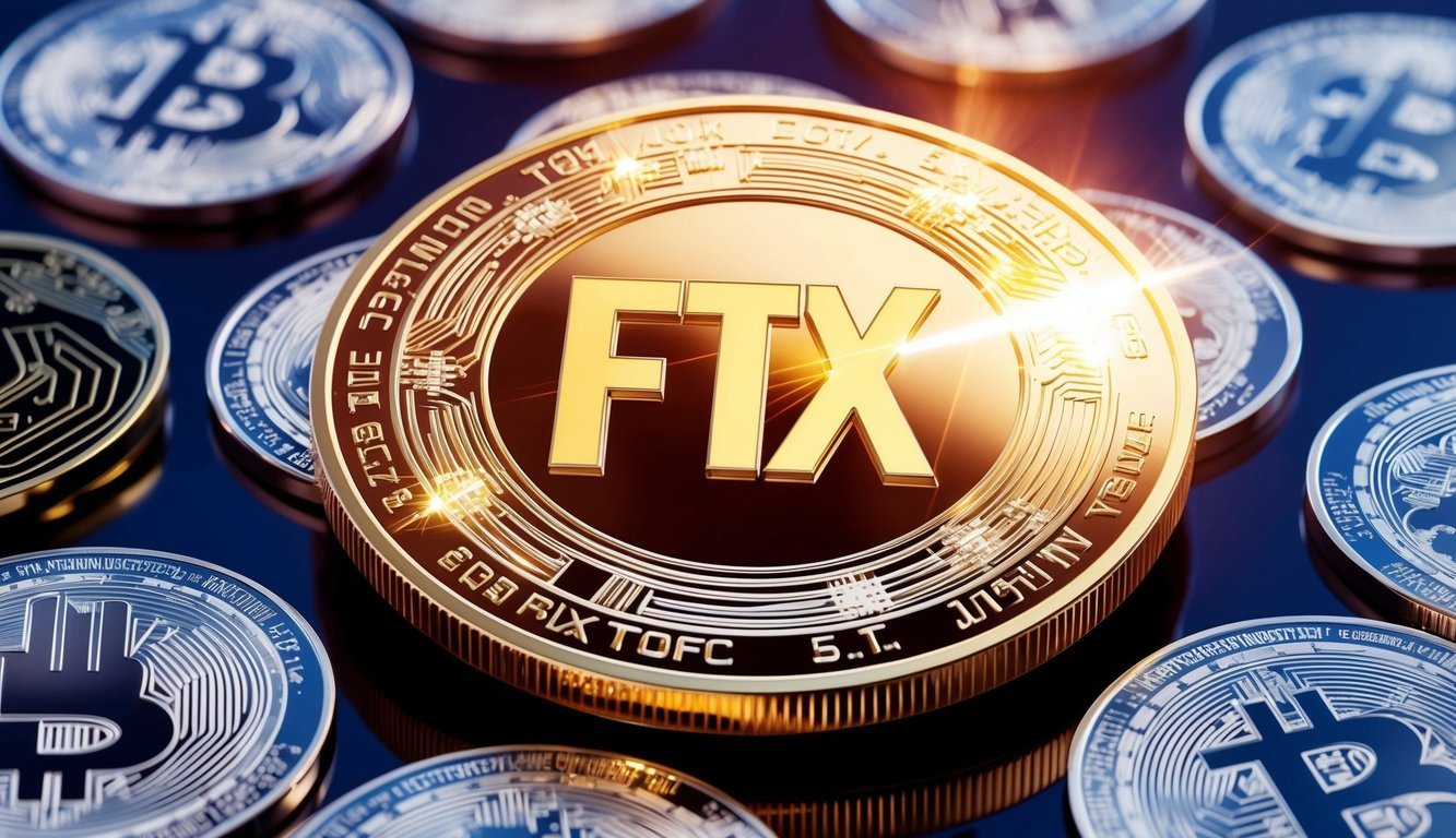 A shining FTX token surrounded by digital currency symbols