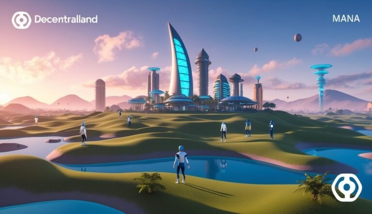 Futuristic cityscape with people, water, and Decentraland logo
