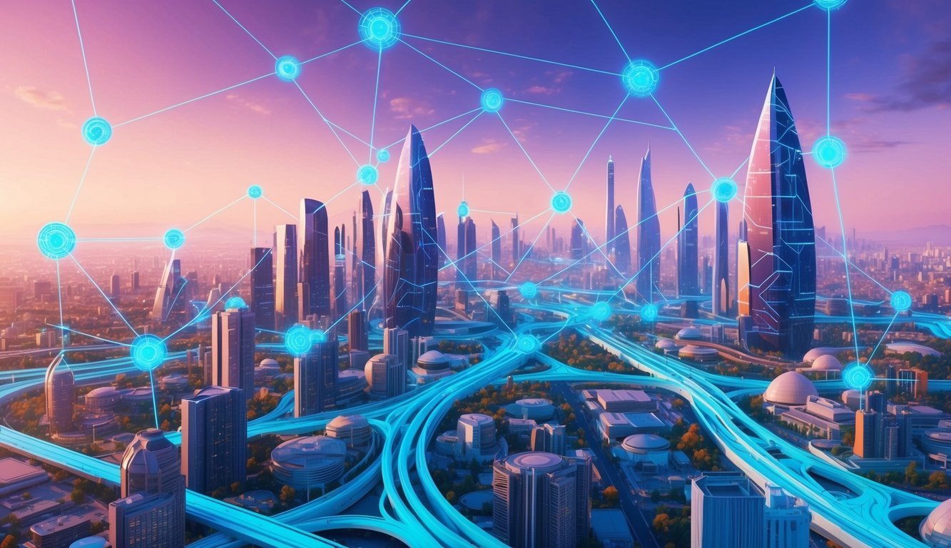 A vibrant, futuristic cityscape with interconnected nodes and pathways representing the decentralized nature of Hedera Hashgraph (HBAR)