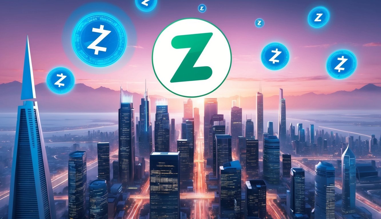 A futuristic cityscape with digital currency symbols floating above, including the Zcash (ZEC) logo prominently displayed