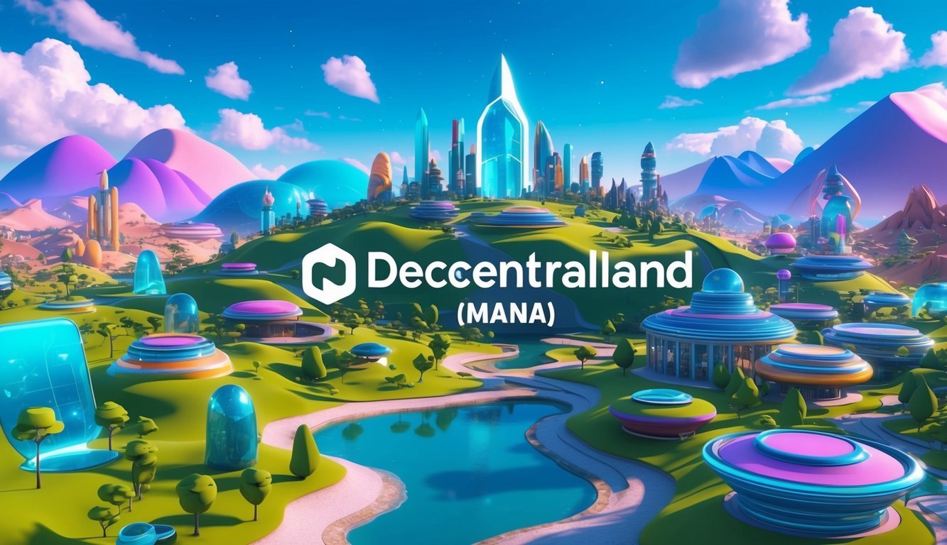 A vibrant virtual world with digital landscapes and buildings, showcasing the concept of Decentraland (MANA) through futuristic and immersive visuals