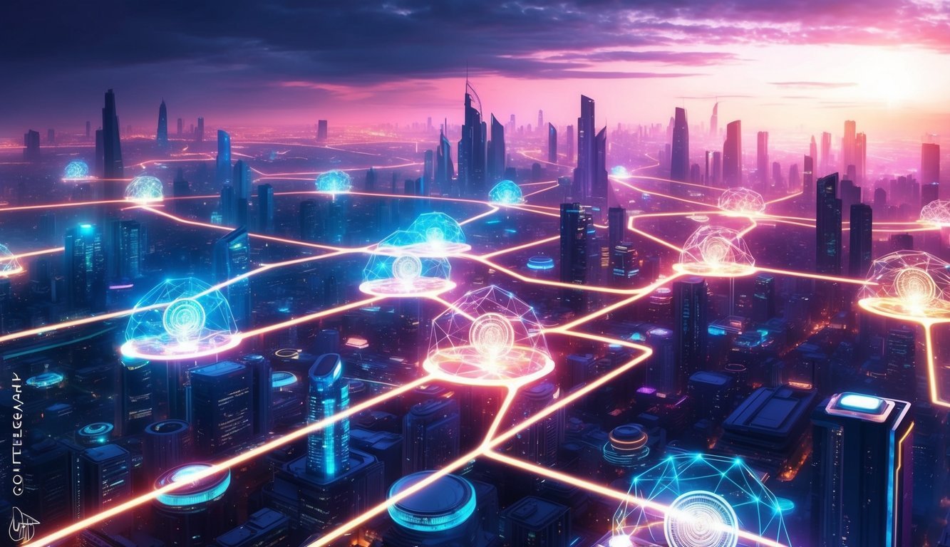 A vibrant, futuristic cityscape with glowing, interconnected nodes representing the decentralized network of Hedera Hashgraph (HBAR)