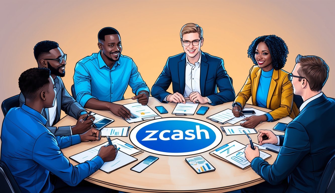 A group of diverse individuals engage in a discussion around a table, exchanging ideas and collaborating on a project related to Zcash (ZEC)