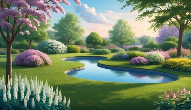 A serene garden with a winding pond, lush greenery, and colorful flowers
