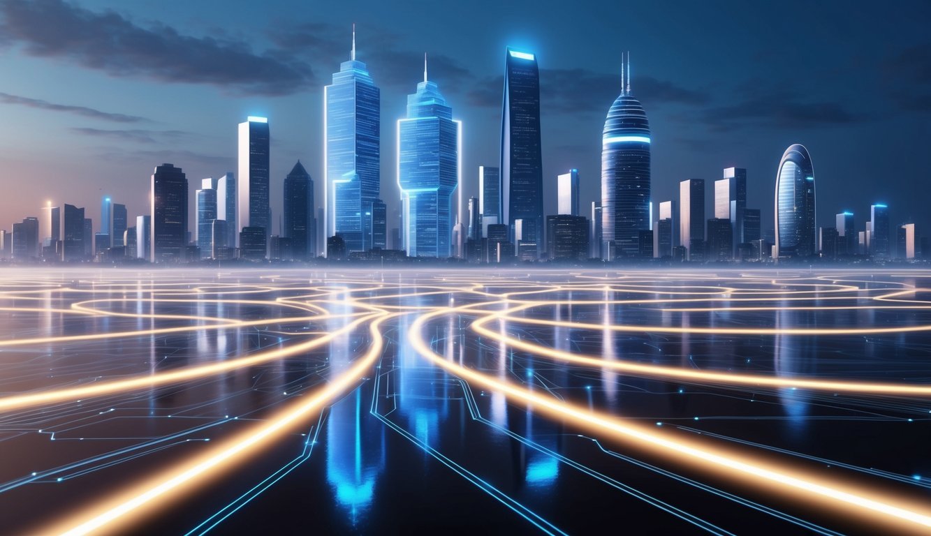 A futuristic cityscape with digital buildings and a network of glowing pathways, representing the decentralized and scalable nature of Near Protocol