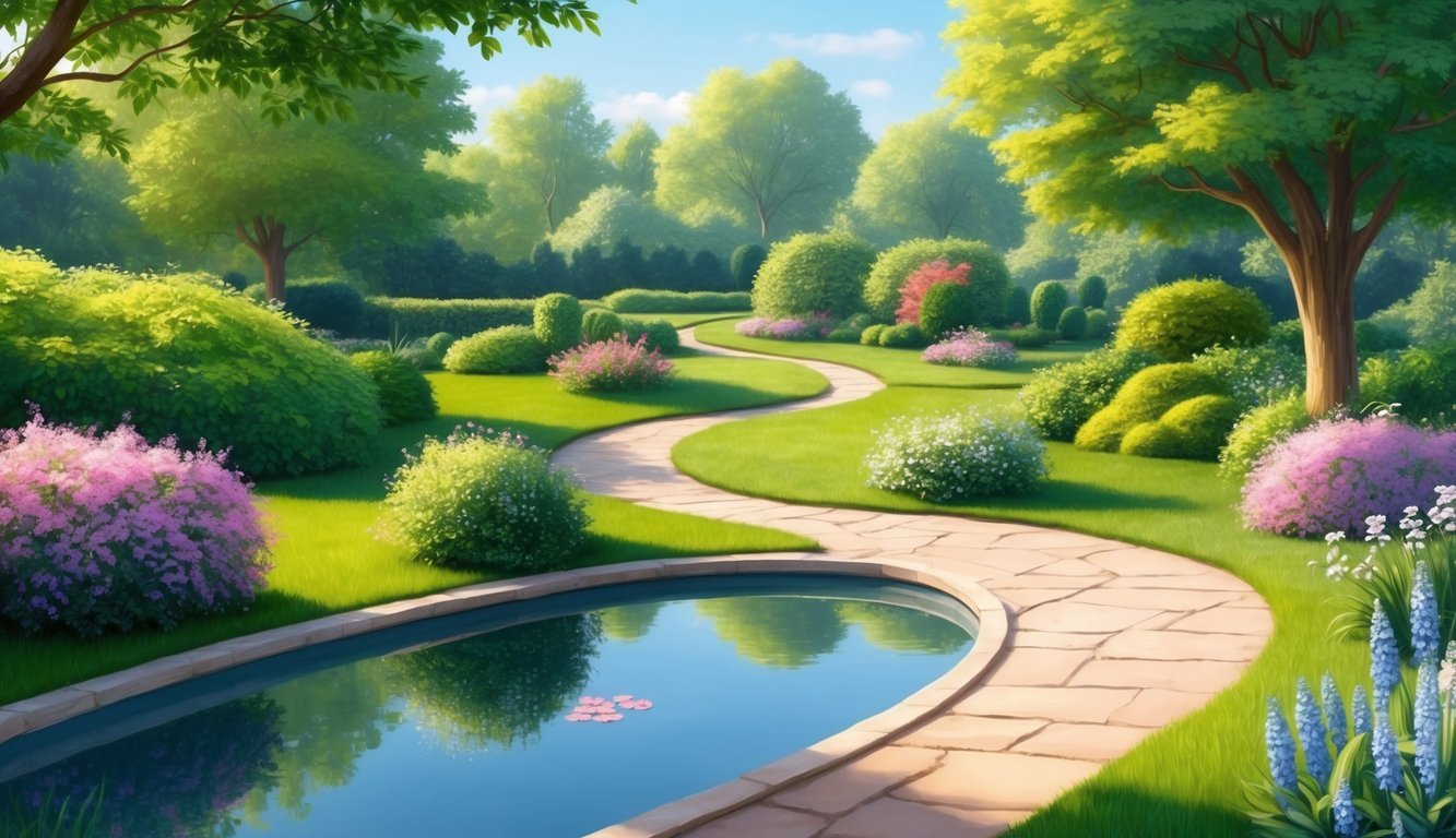 A serene garden with a winding path, blooming flowers, and a tranquil pond reflecting the surrounding greenery