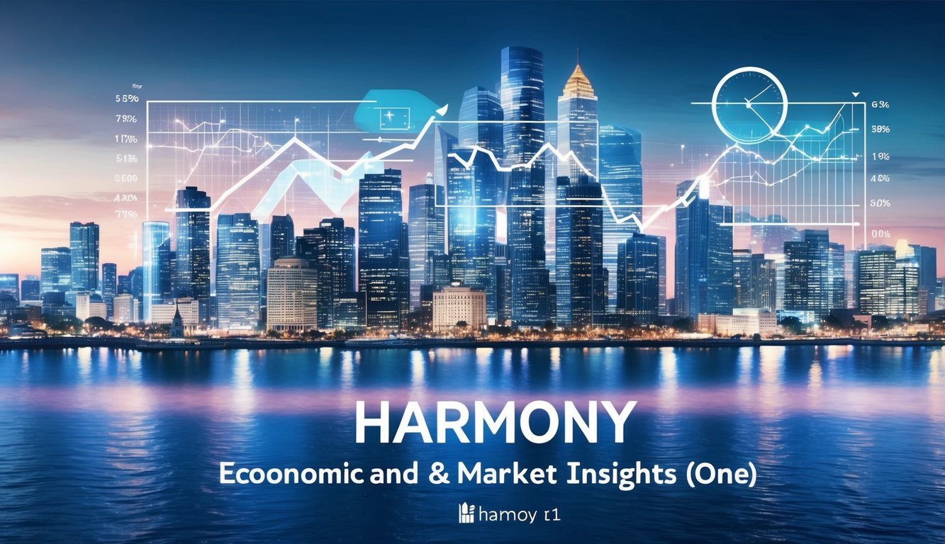 A bustling city skyline with financial charts and graphs overlaying the buildings, depicting the economic and market insights of Harmony (ONE)