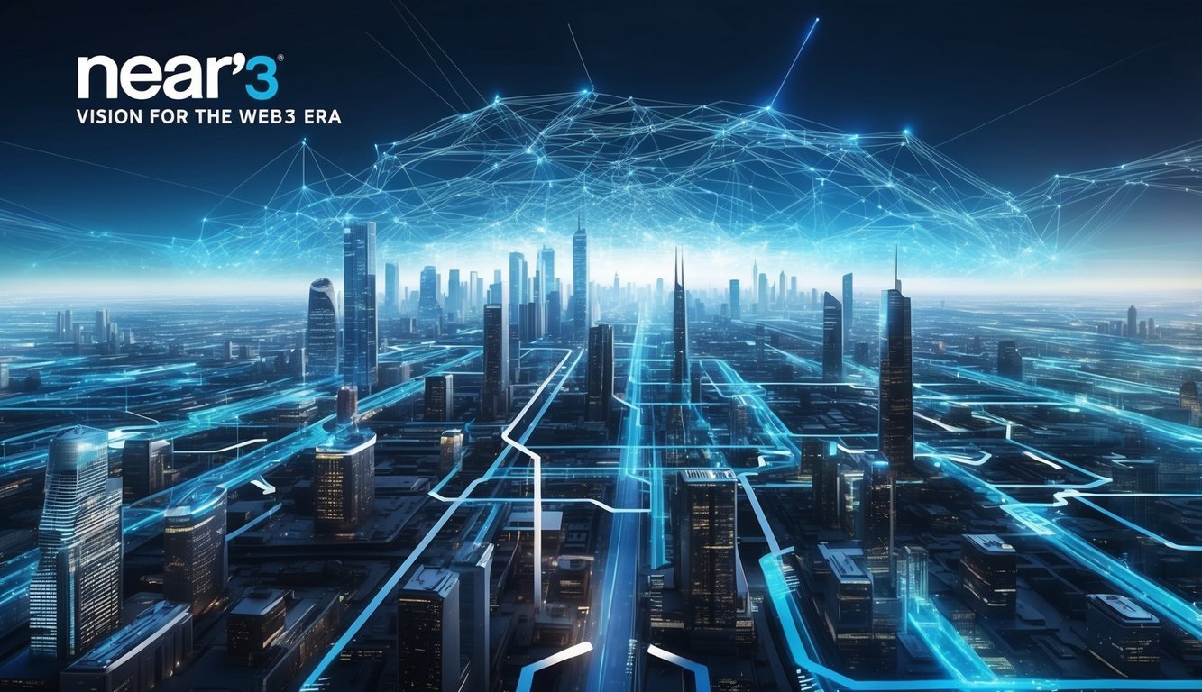 A futuristic cityscape with interconnected digital networks and data streams, symbolizing NEAR's vision for the Web3 era