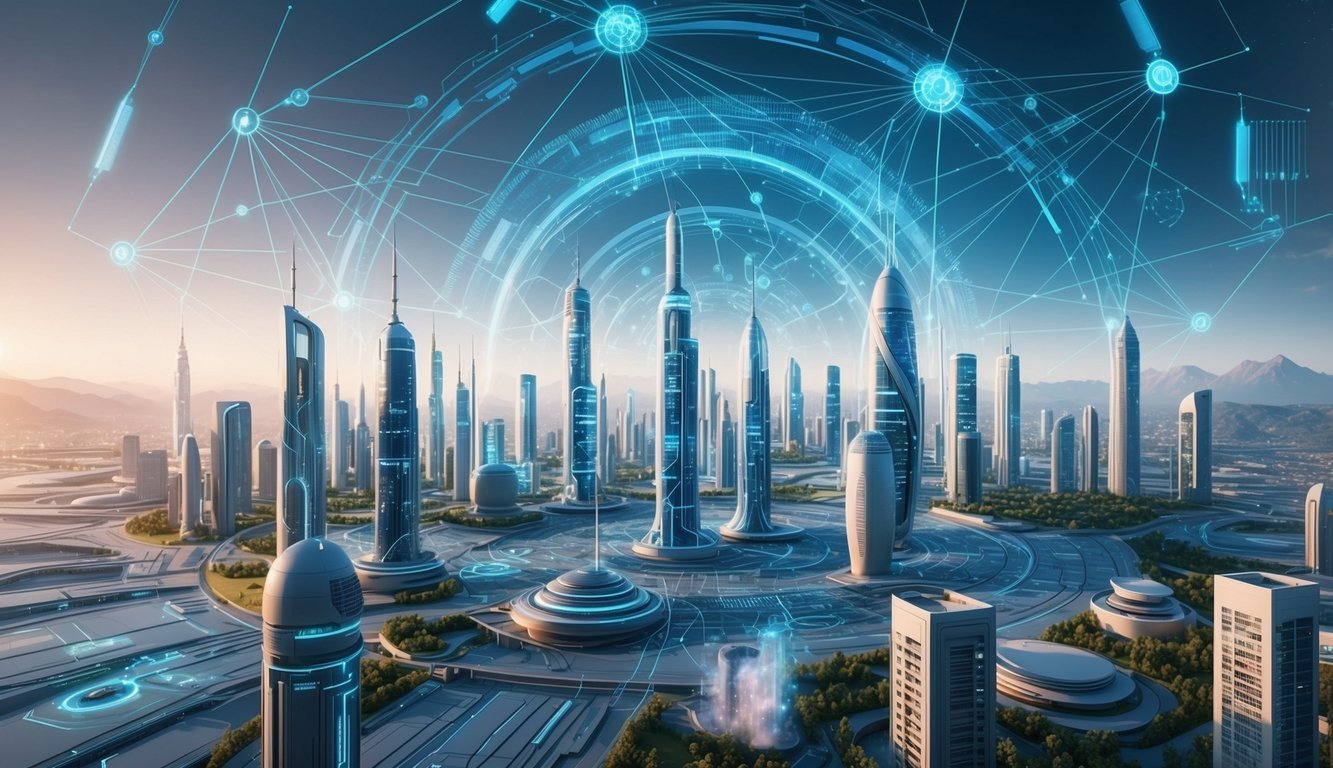 A futuristic cityscape with interconnected networks and advanced technology, symbolizing Harmony's interoperability and future development