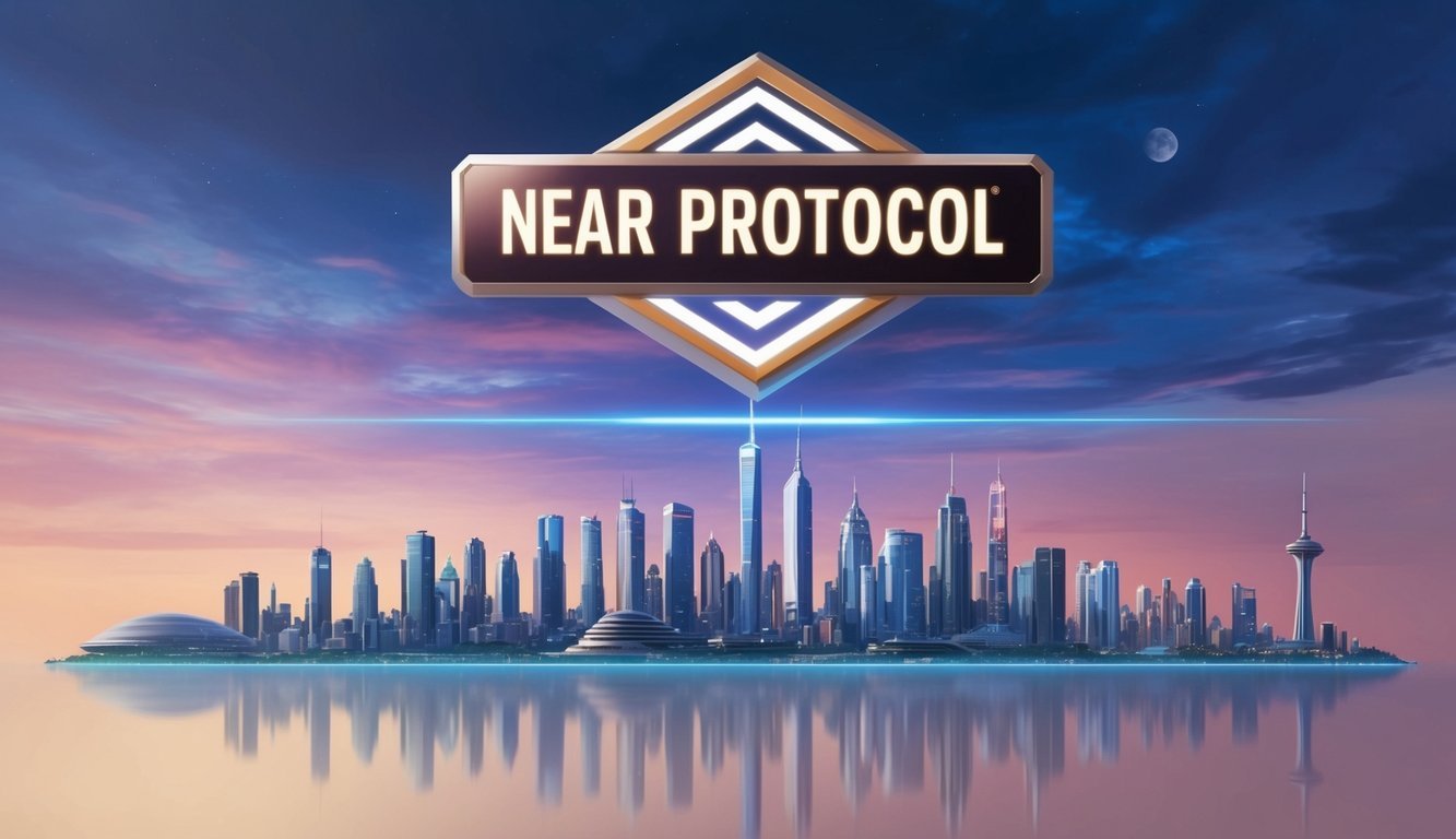 A futuristic city skyline with a prominent NEAR Protocol logo hovering above the skyline