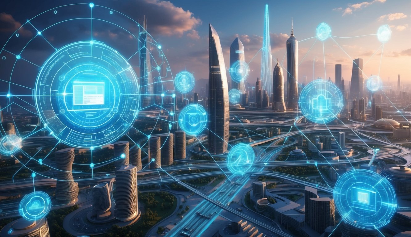 A futuristic cityscape with holographic displays and decentralized networks intertwining with physical infrastructure